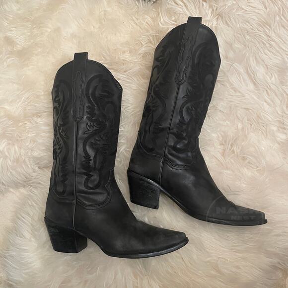 Jeffrey Campbell Dagget Black Western Boots 9 | Washed Leather, Embroidered $325 - Picture 12 of 13